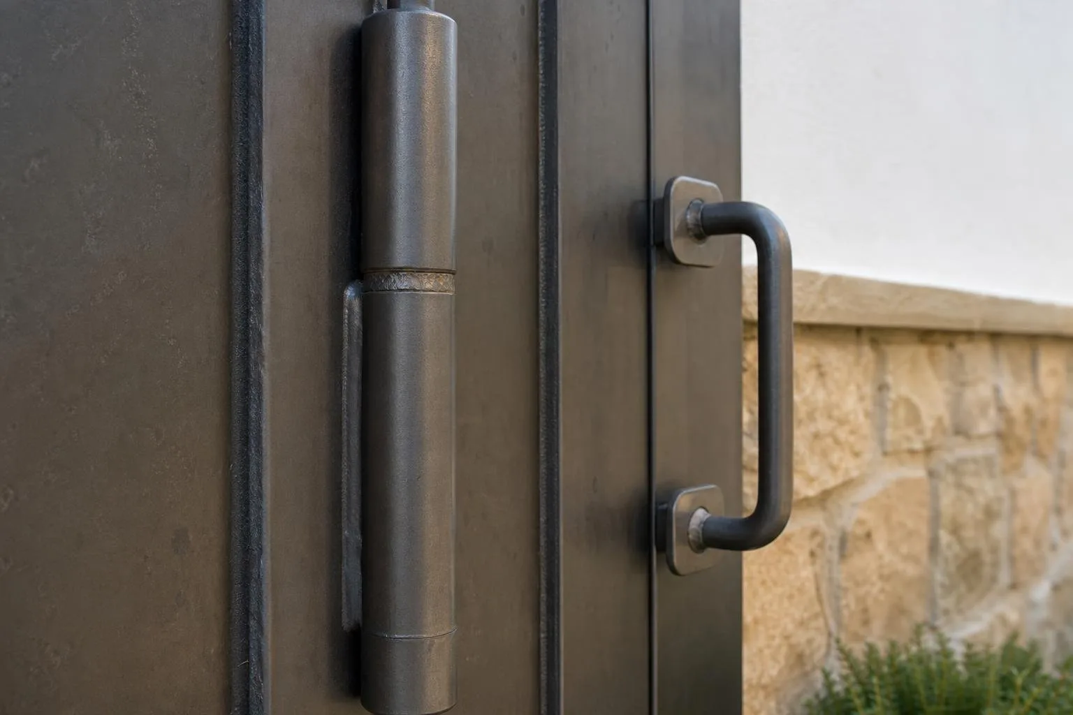 Detalle de bisagra y cerradura soldadas en una puerta de acero