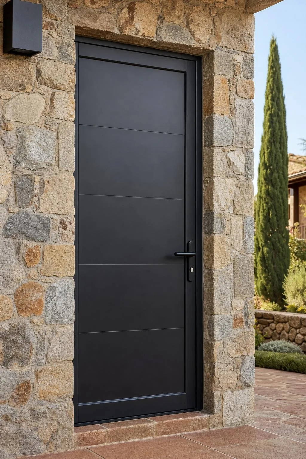 Puerta peatonal y portón de hierro negro integrados en un muro de piedra