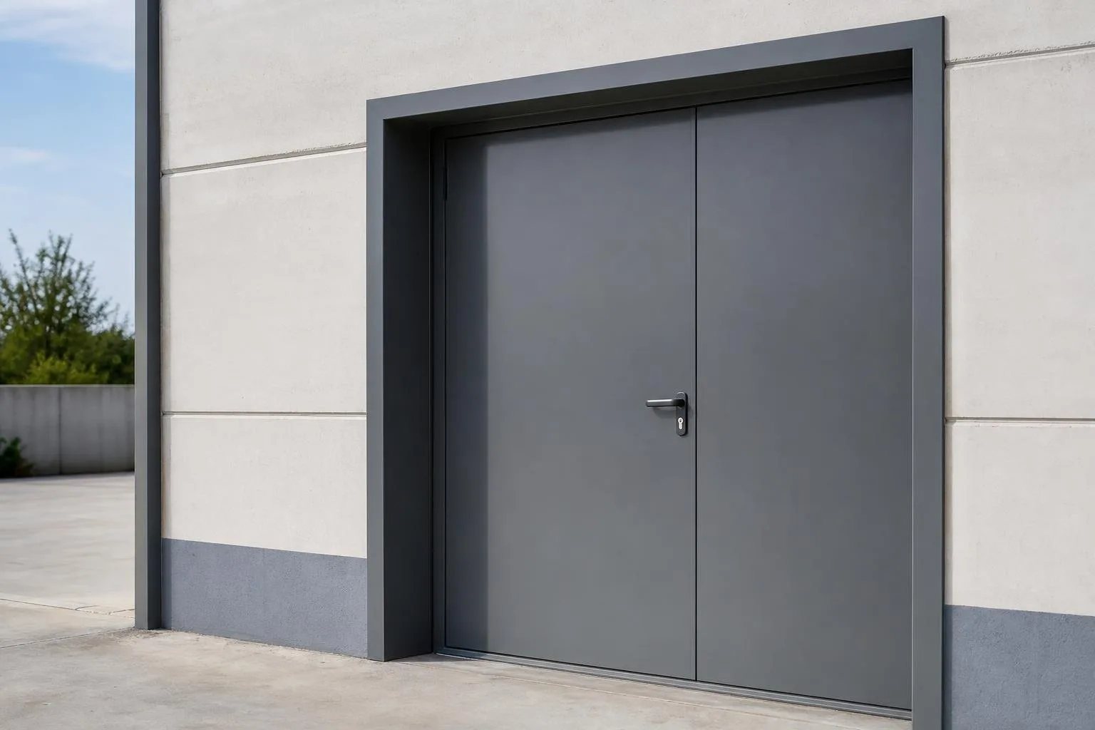 Puerta metálica verde oscuro de una caseta junto a una huerta